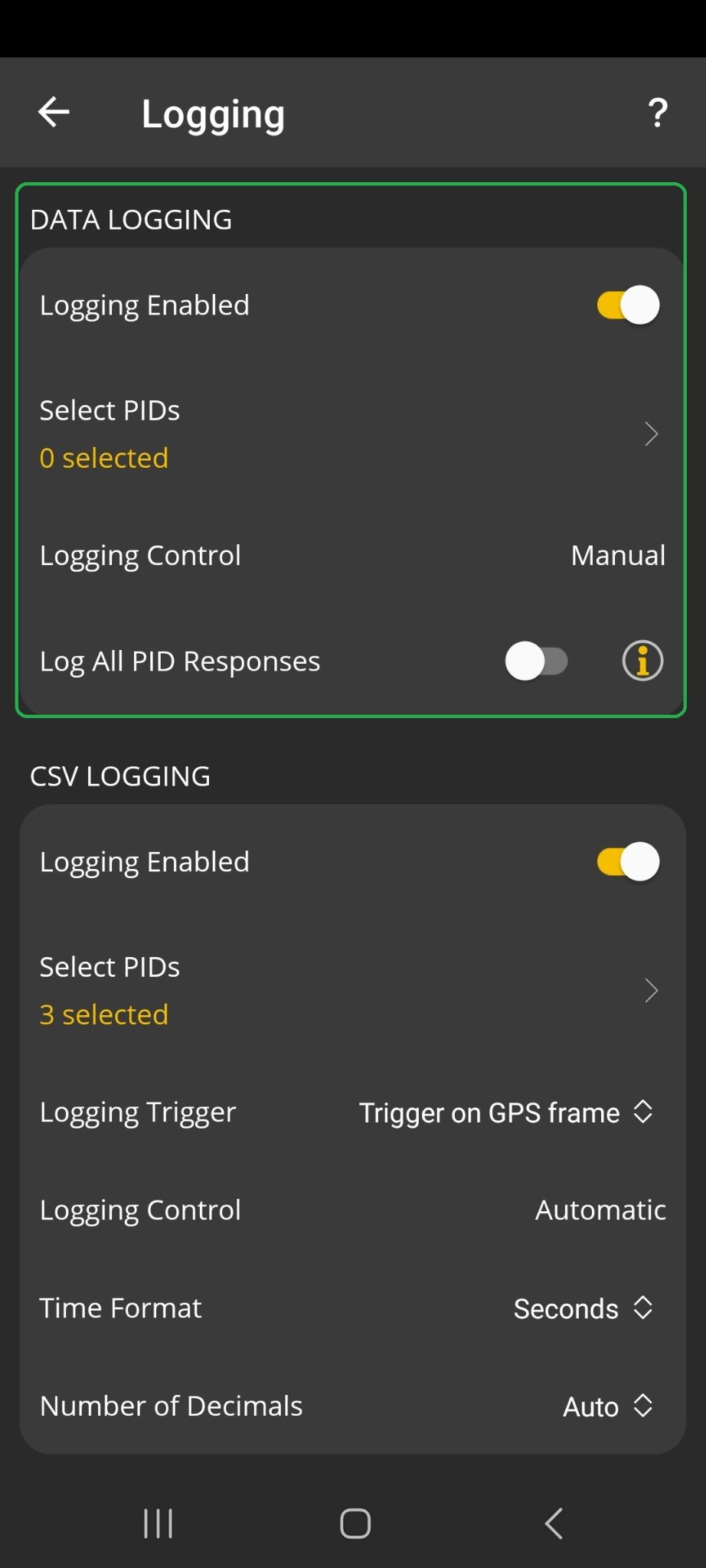 Android screen showing Logging preference settings. The section marked "Data Logging" is highlighted.