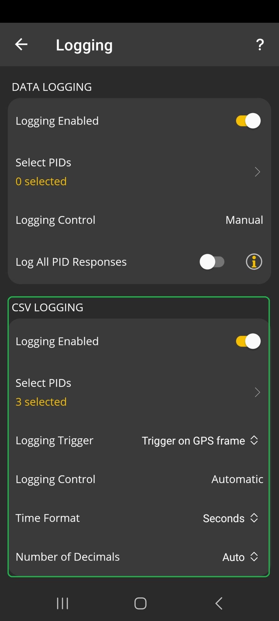 Android screen showing Logging preference settings. The section marked "CSV Logging" is highlighted.