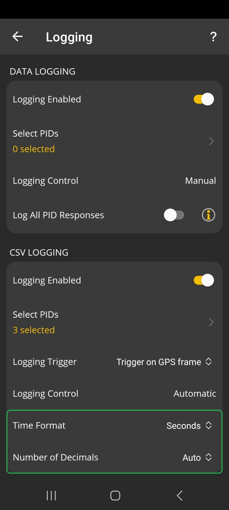 Android screen showing Logging settings. The settings for Time Format and Number of Decimals are both highlighted.