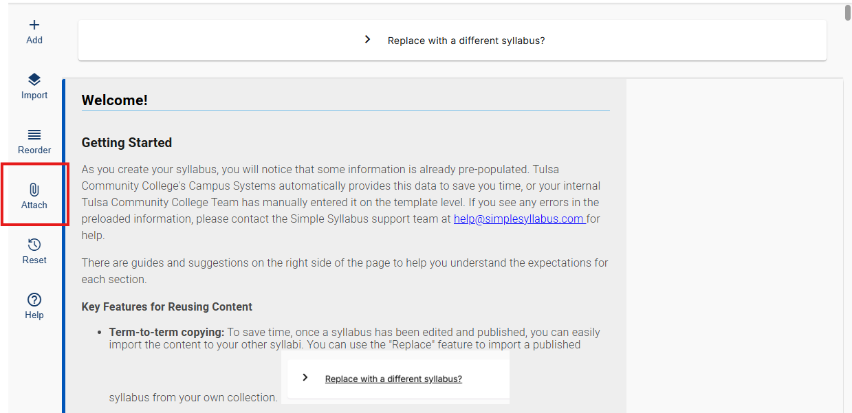 A screenshot of the syllabus editor with the "Attach" feature highlighted in a red box on the left menu.