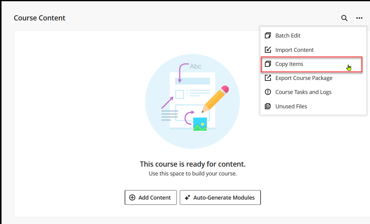 A screenshot showing the Copy Content option in the drop-down menu that opens when you click the Add Content button