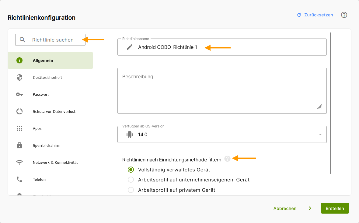 Einrichtungsmethode auswählen