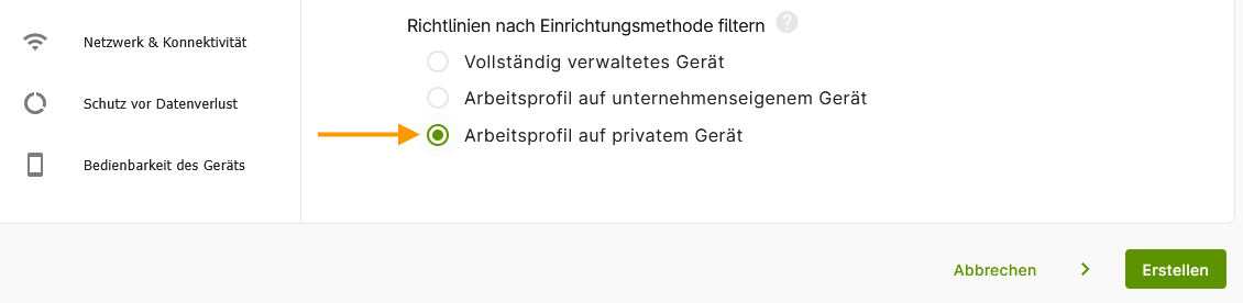 Arbeitsprofil auswählen