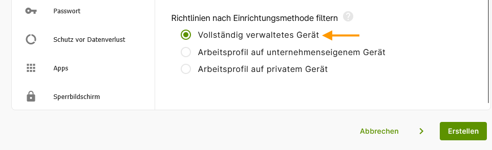 Einrichtungsmethode filtern