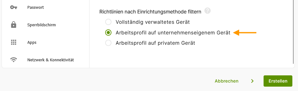 Einrichtungsmethode filtern