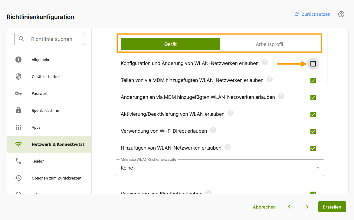 Gerät oder Arbeitsprofil wählen