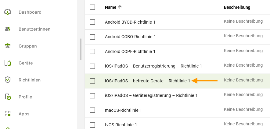 Richtlinie auswählen