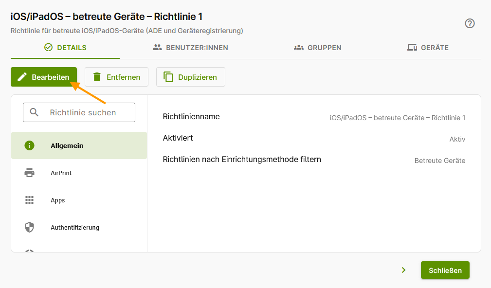 Richtlinie öffnen und bearbeiten