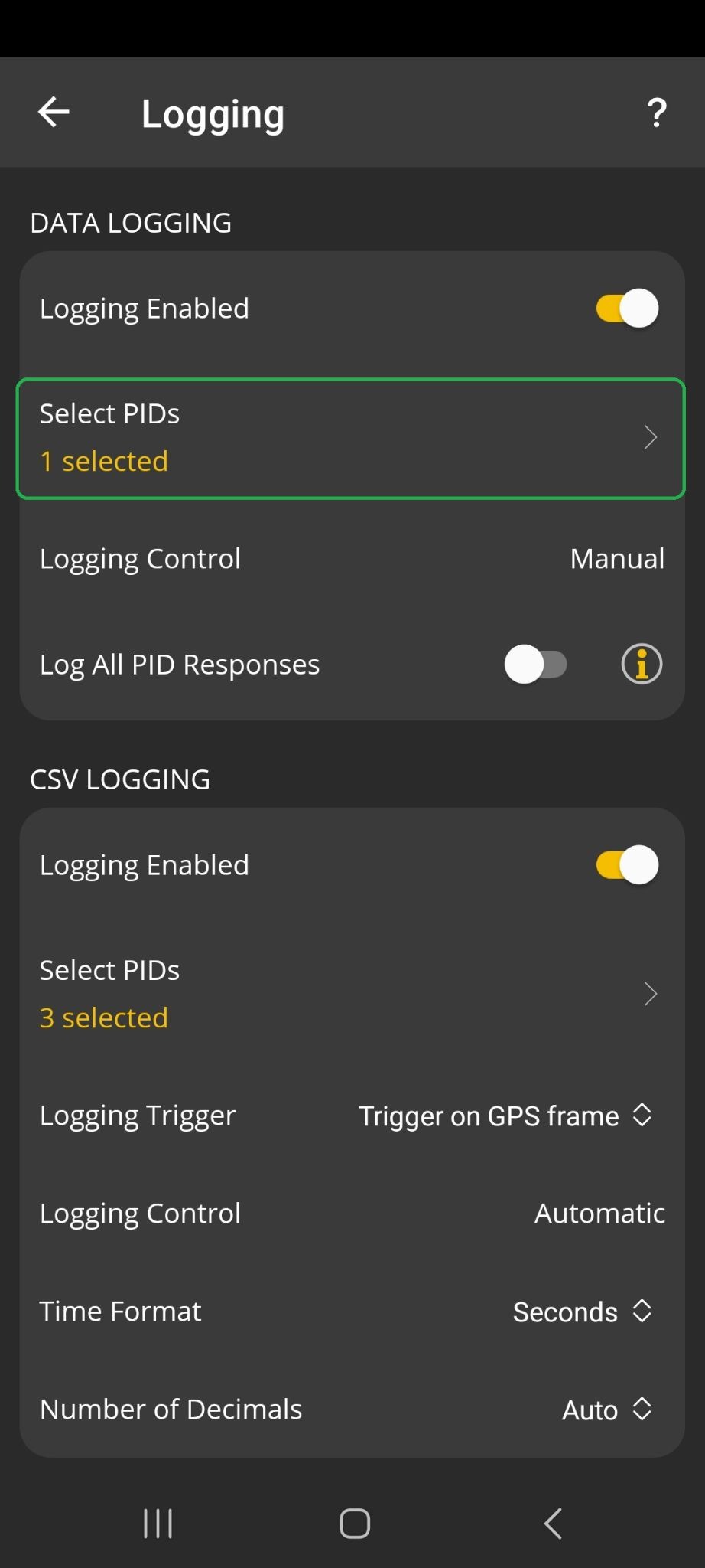 Android screen showing Logging preference settings. In the Data Logging section, the option marked "Select PIDs" is highlighted.