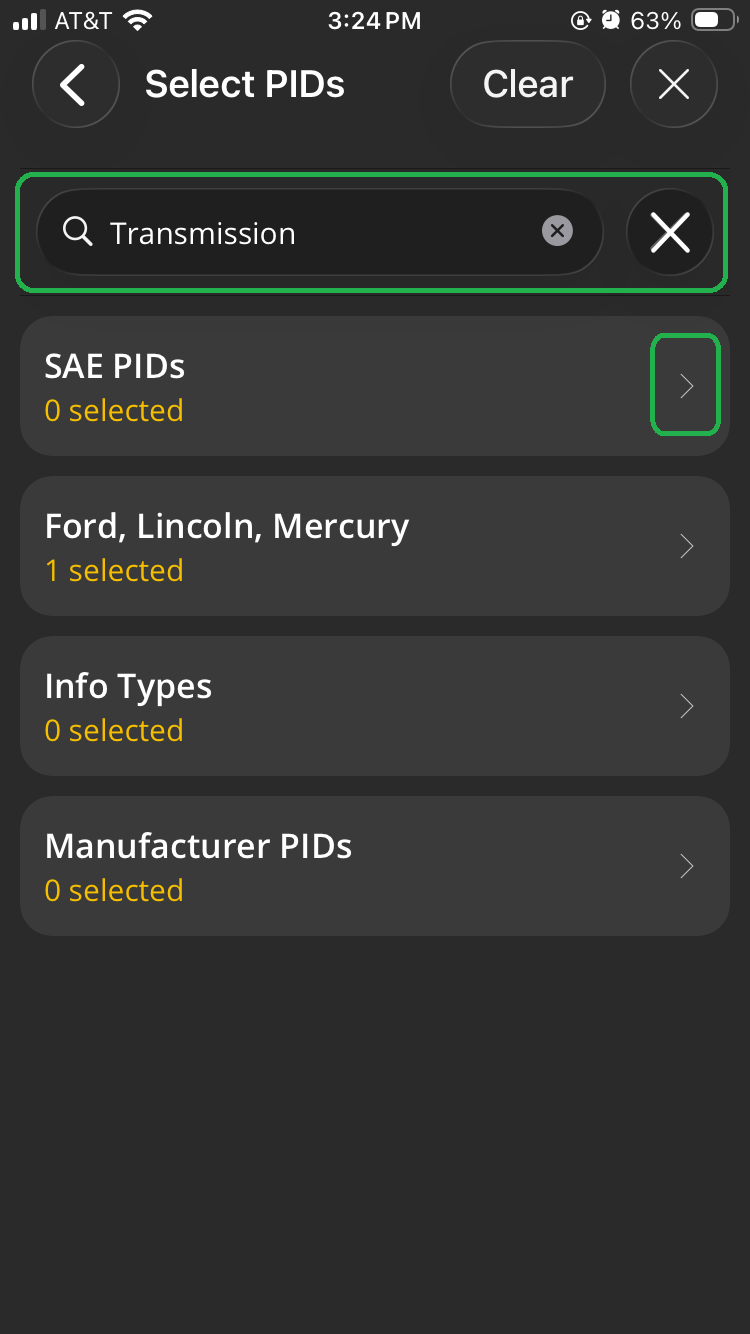 iOS Logging screen showing the Select PIDs list. The search field is highlighted and contains the word "Transmission". The SAE PIDs category forward arrow is also highlighted.