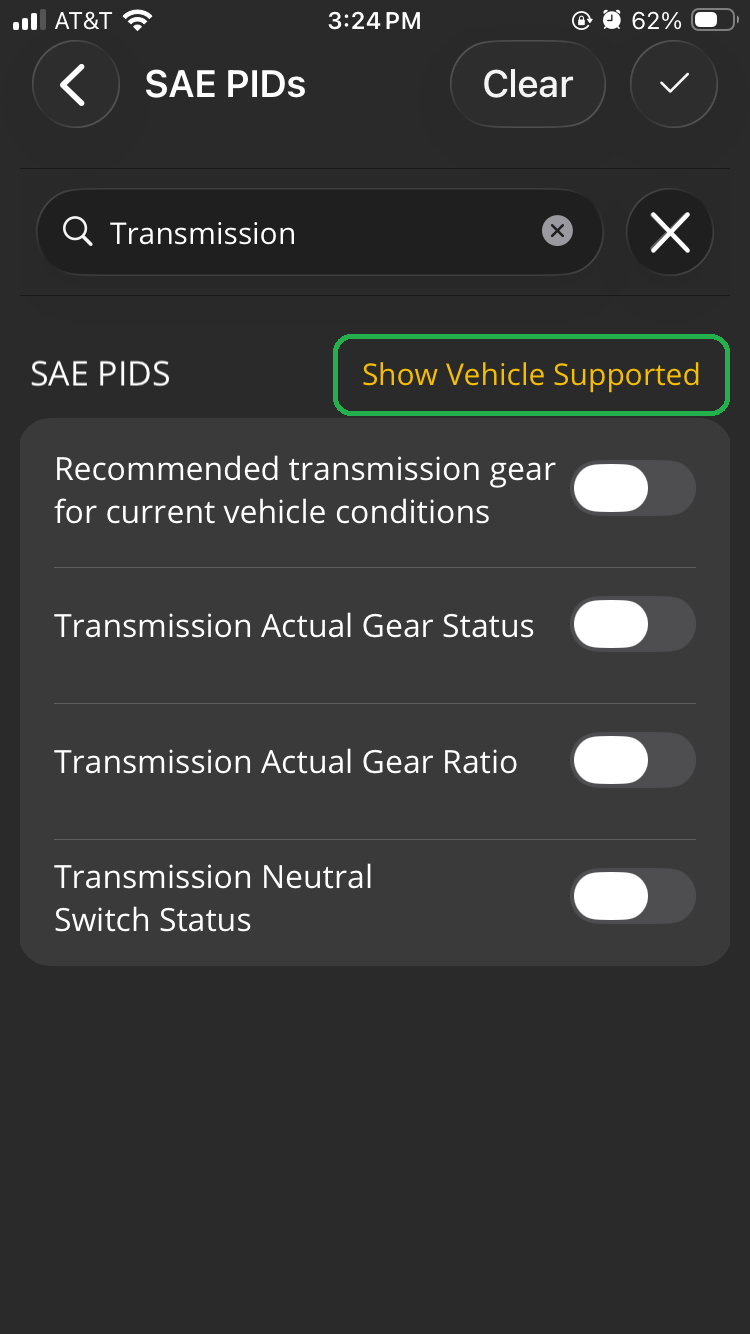 iOS Logging screen showing SAE PIDs search results. The Show Vehicle Supported button is highlighted.