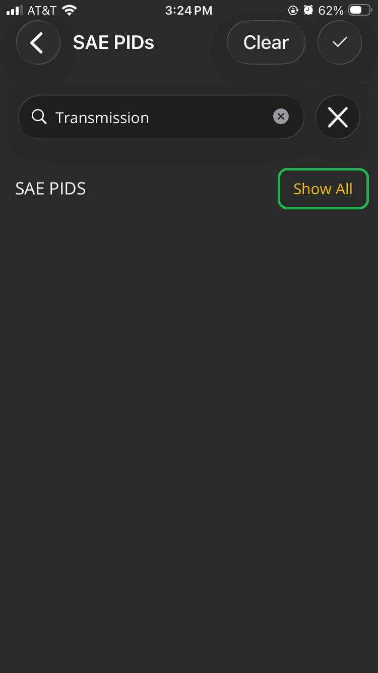 iOS Logging screen showing SAE PIDs search results. The Show All button is highlighted.