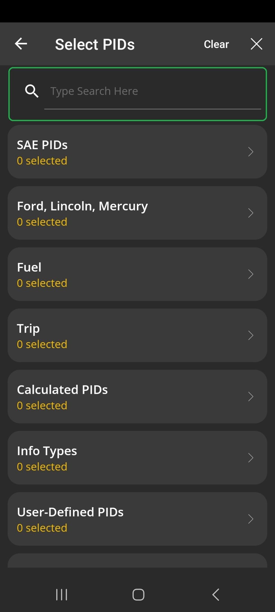 Android Logging screen showing the Select PIDs list. The Search field at the top of the list is highlighted.