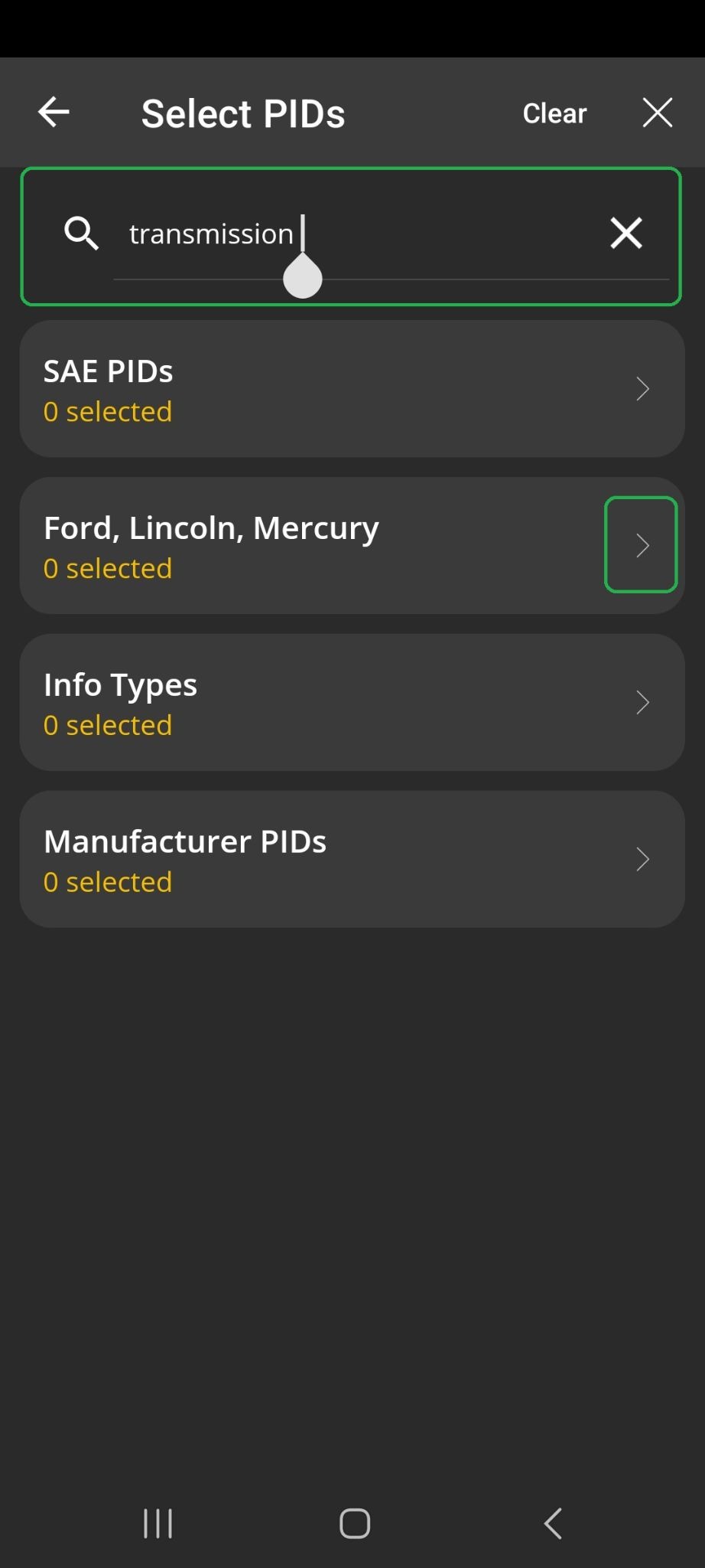 Android Logging screen showing the Select PIDs list. The search field is highlighted and contains the word "Transmission". The Ford, Lincoln, Mercury forward arrow is also highlighted.