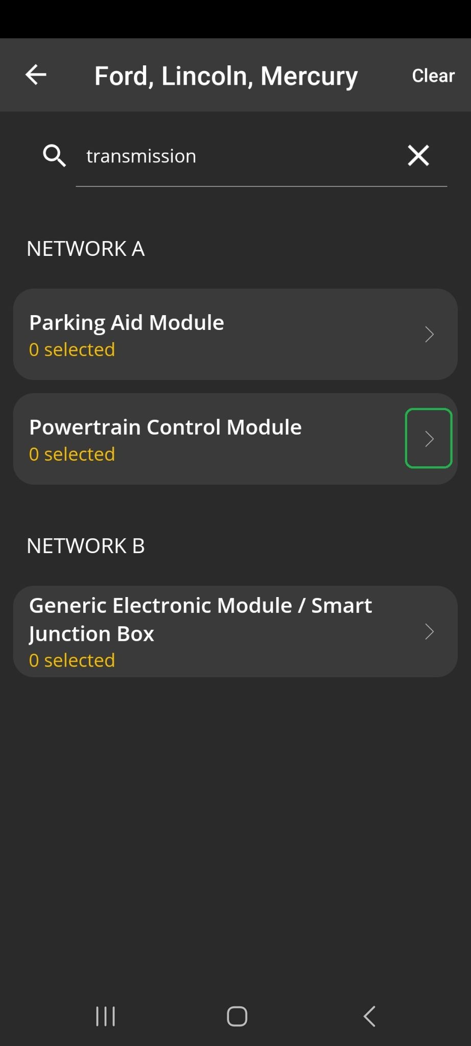 Android Logging screen showing the Ford, Lincoln, Mercury list. The search field contains the word "Transmission". The forward arrow for Powertrain Control Module is highlighted.