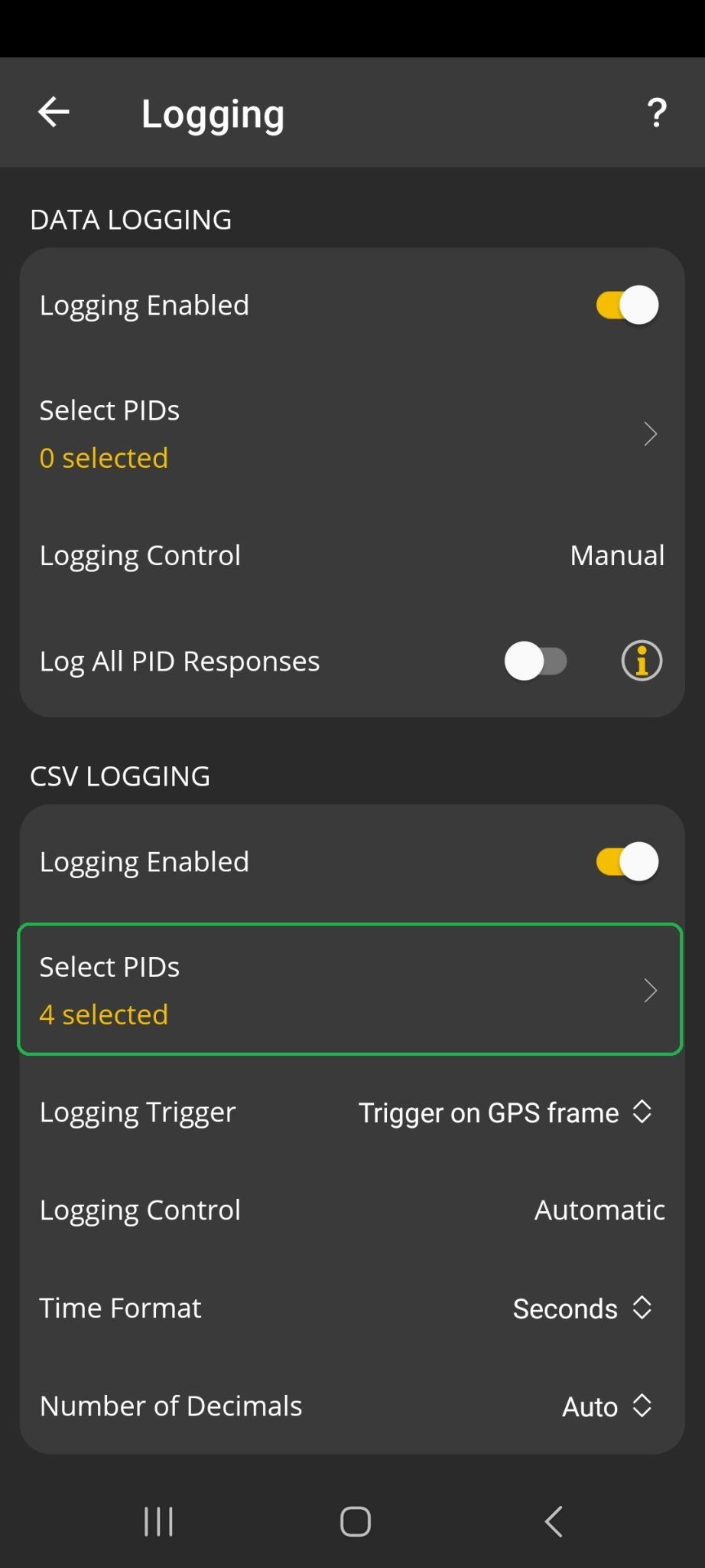 Android screen showing Logging preference settings. In the CSV Logging section, the option marked "Select PIDs" is highlighted.
