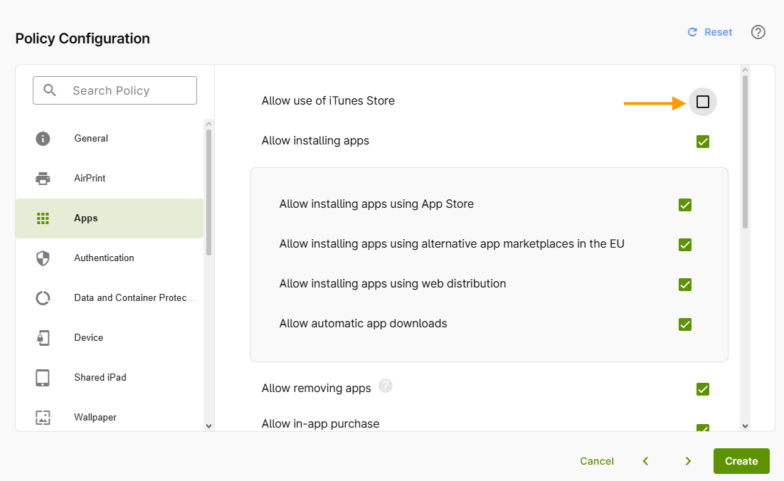 allow use of iTunes Store