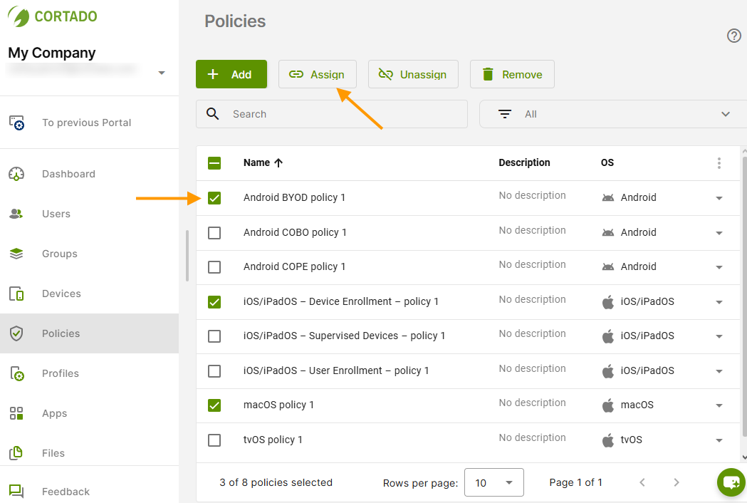 select policy and assign