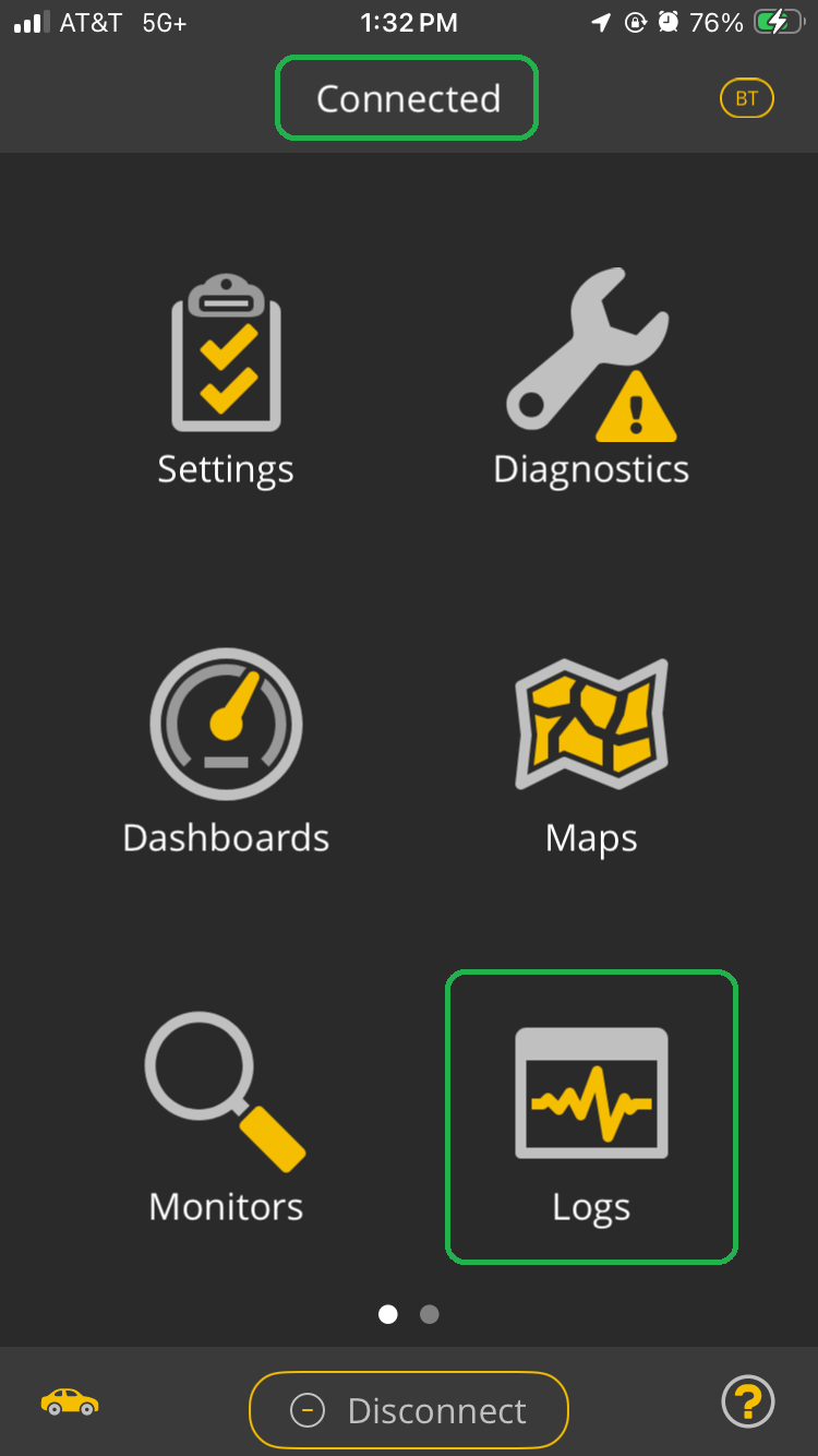 iOS Home screen with the Logs icon and Connected both highlighted.