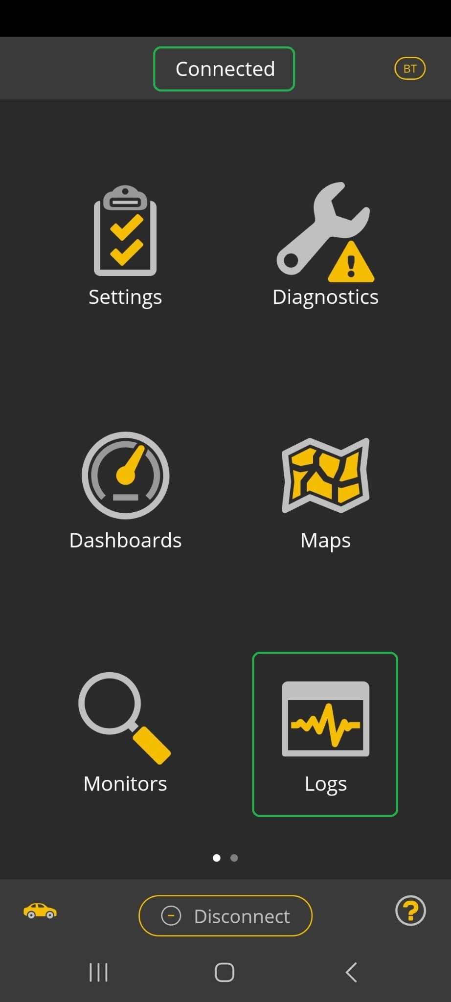 Android Home screen with the Logs icon and Connected both highlighted.