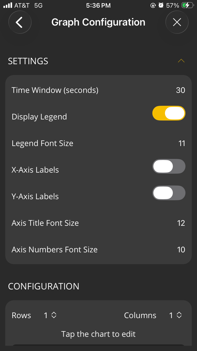 iOS Logs screen showing the Graph Configuration screen, part 1 of 2.