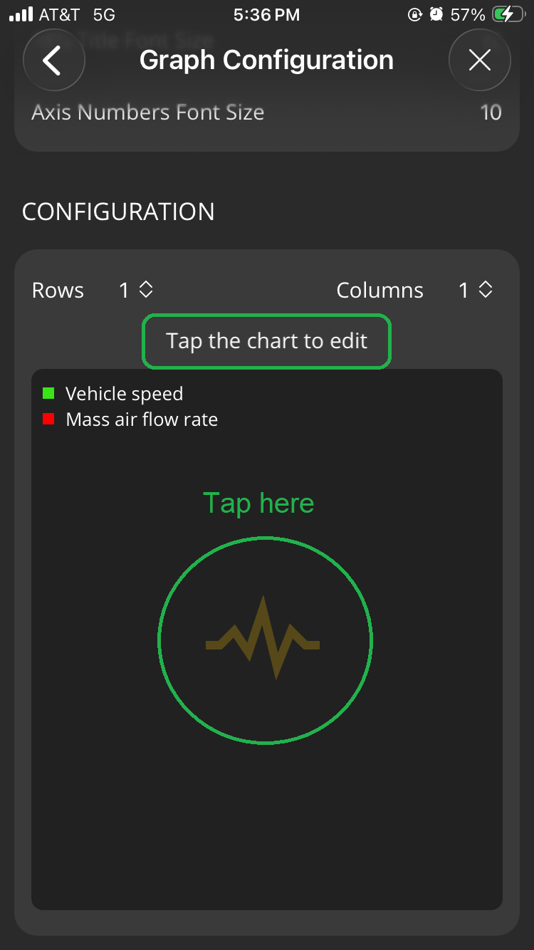 iOS Logs screen showing the Graph Configuration screen. The words "Tap the chart to edit" are highlighted. The center of the graph is highlighted and the words "tap here" are shown.