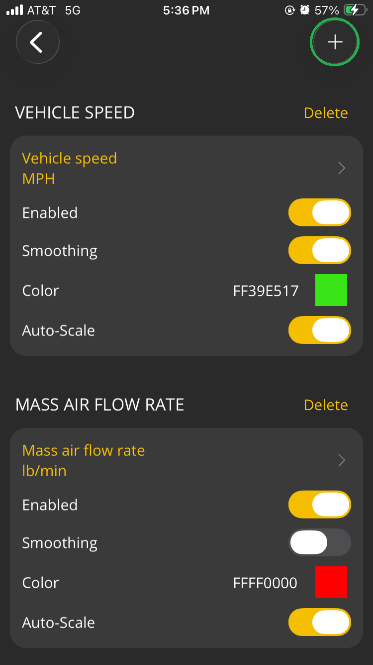 iOS Logs screen showing how to add an item. The + button is highlighted in the upper right corner.
