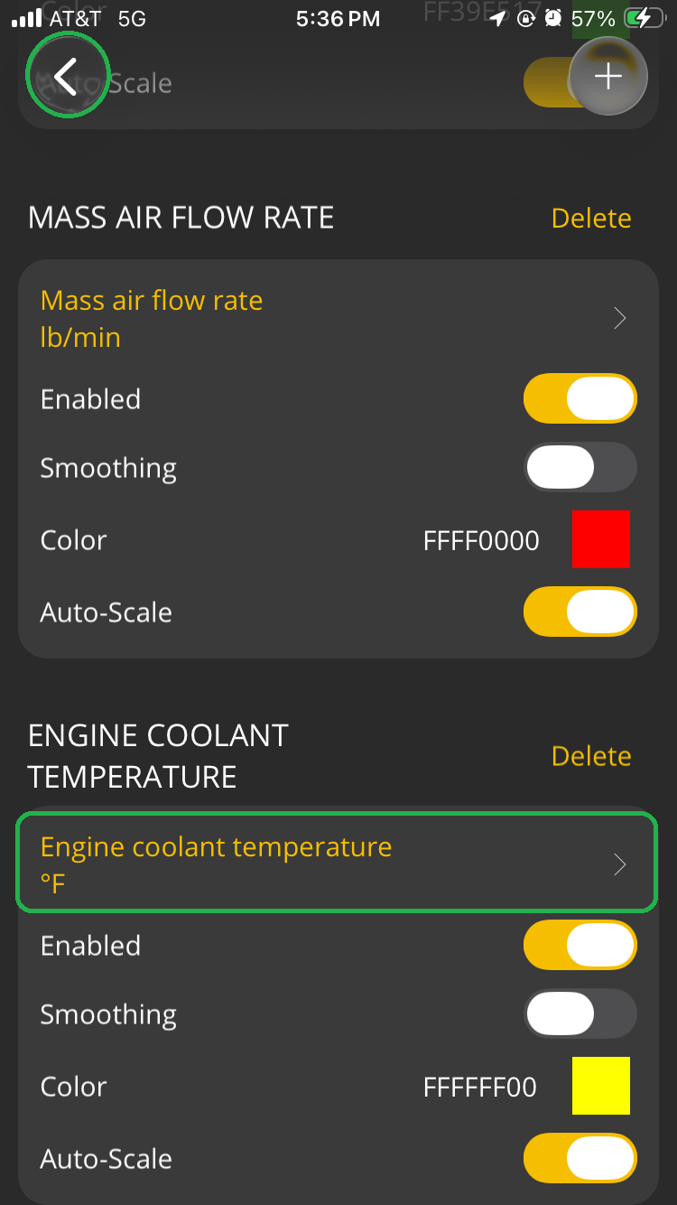 iOS Logs screen showing how to add an item. The Engine coolant temperature item is highlighted. The back arrow in the upper left corner is also highlighted.