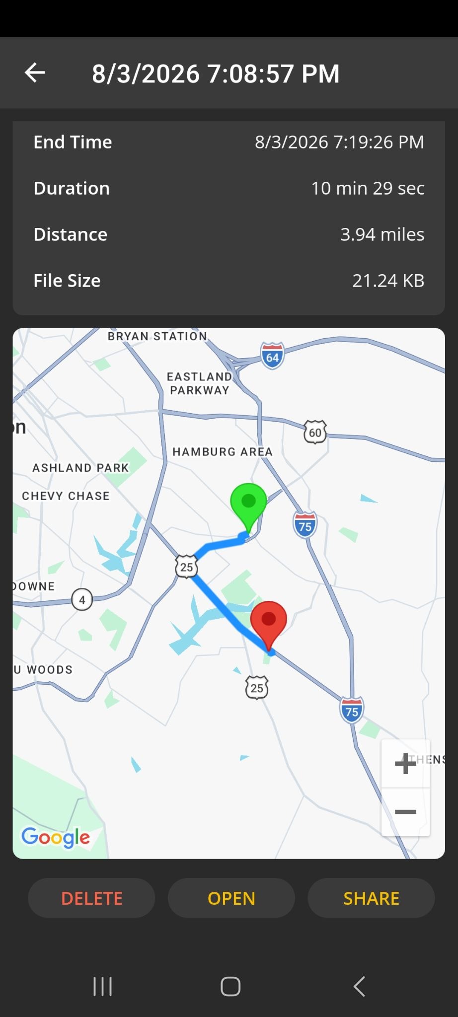 Android file showing CSV file information about a particular trip.