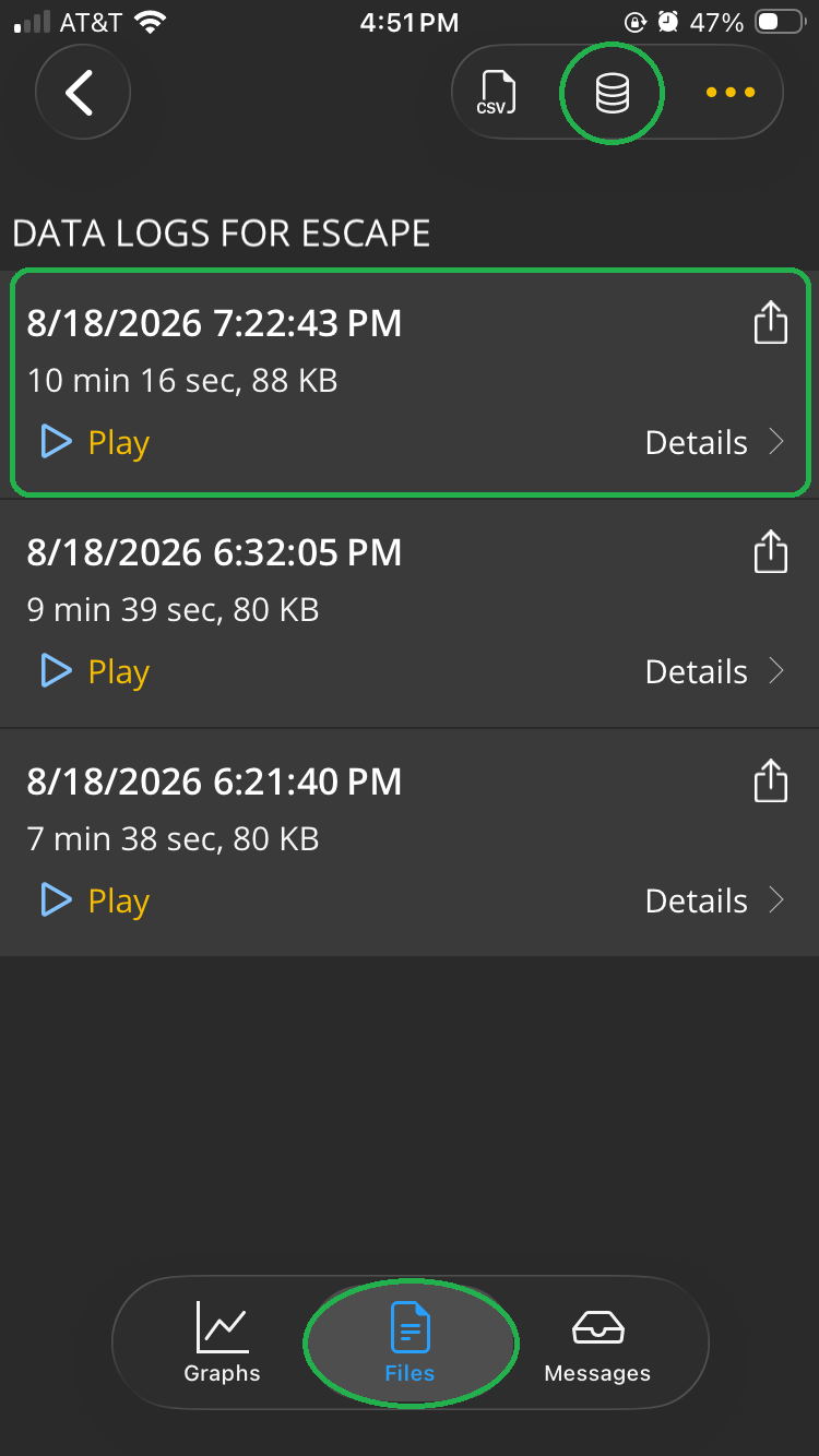 iOS Logs screen showing the Files tab and a list of data logs. The Data Log indicator is highlighted. One of the trips is also highlighted.