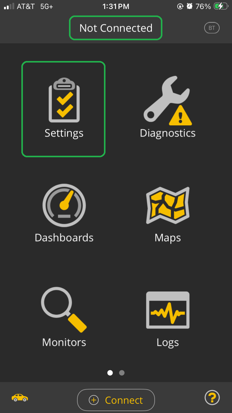 iOS screen with Settings icon highlighted. The Not Connected status is also highlighted.