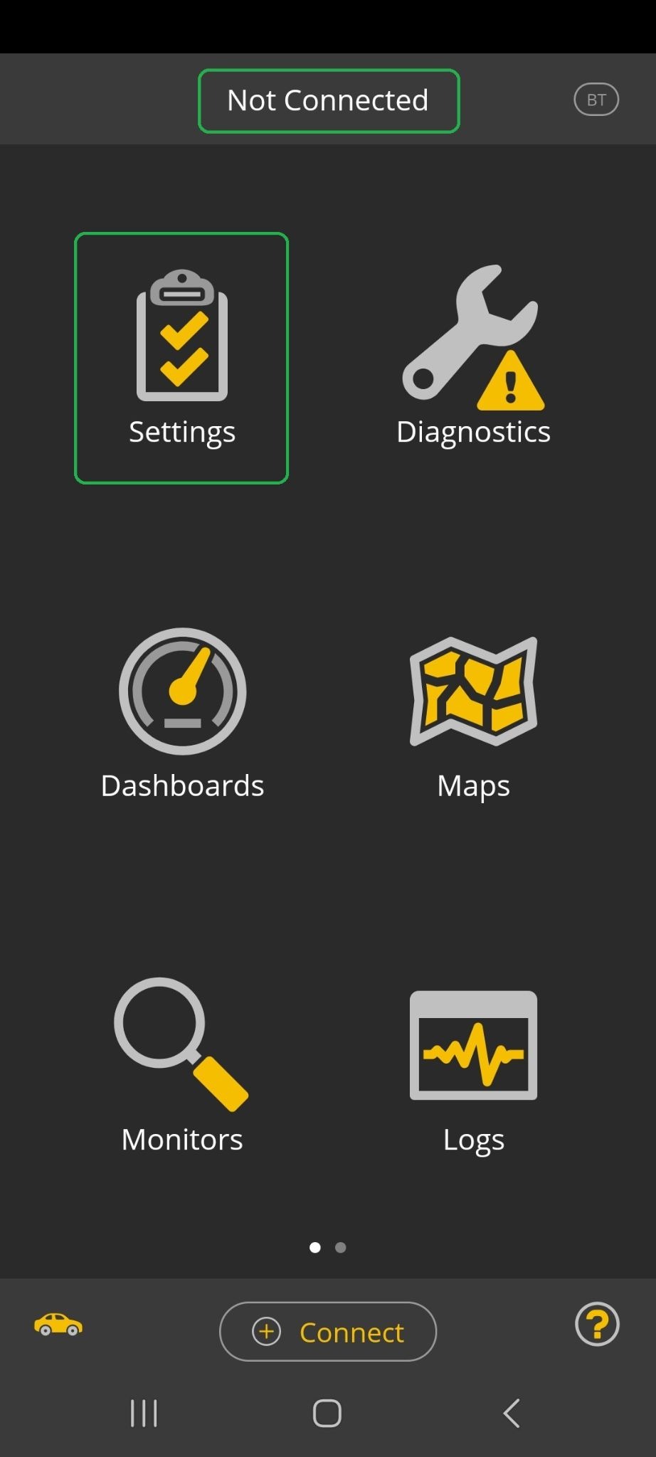 Android screen with Settings icon highlighted. The Not Connected status is also highlighted.