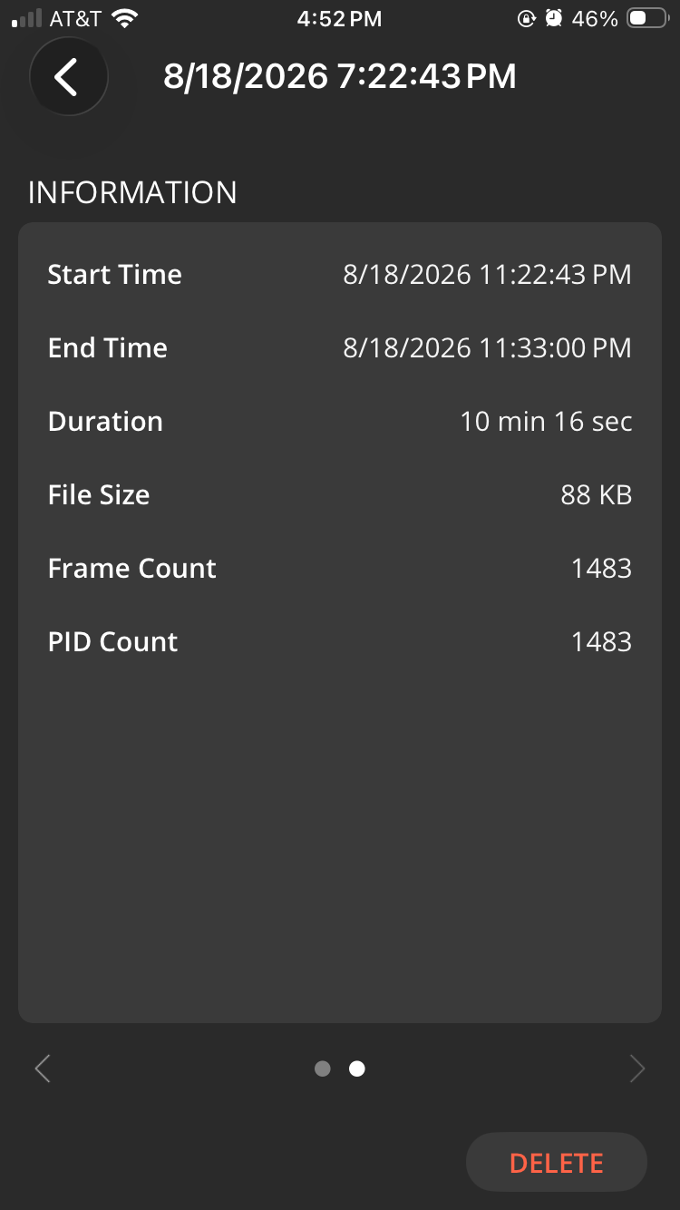 iOS file showing data log information about a particular trip. The screen lists trip data, including start time, end time, duration, file size, frame count, and PID count.