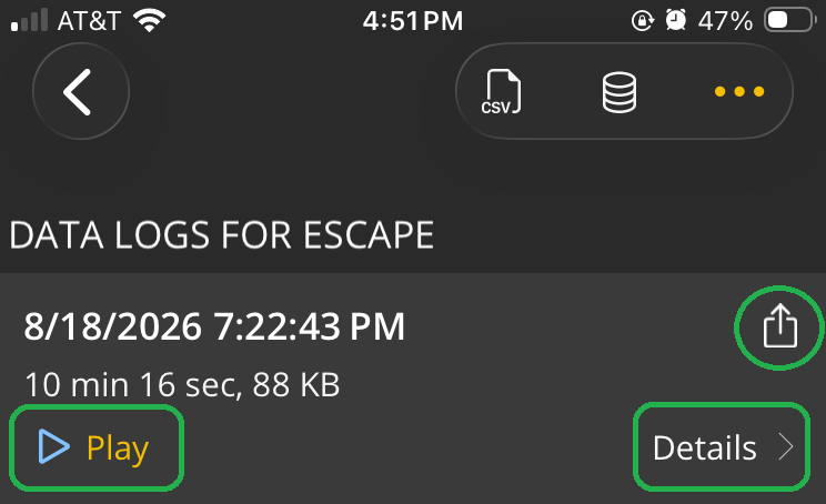 iOS Logs screen showing a partial list of data logs. The Share icon, Play icon, and Details button are all highlighted.