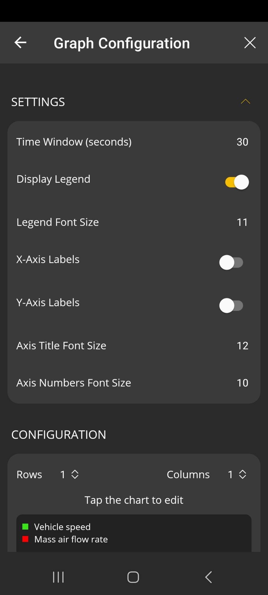 Android Logs screen showing the Graph Configuration screen, part 1 of 2.