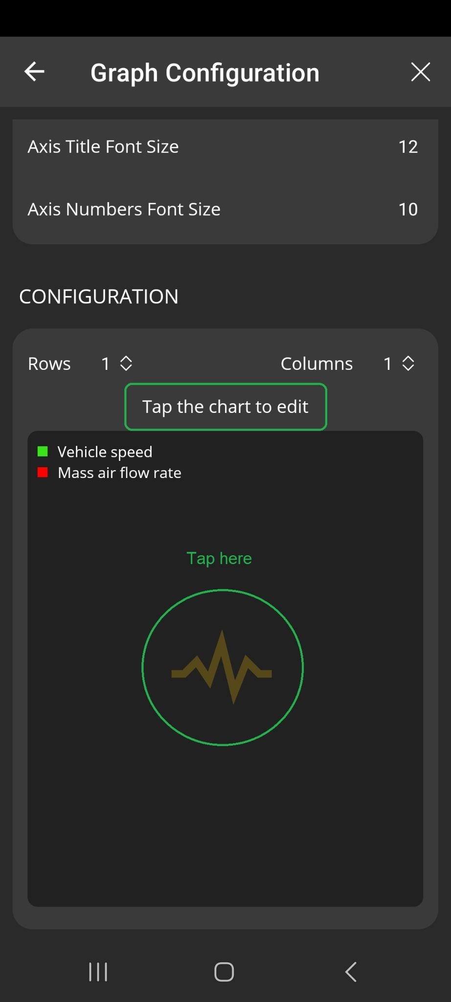 Android Logs screen showing the Graph Configuration screen. The words "Tap the chart to edit" are highlighted. The center of the graph is highlighted and the words "tap here" are shown.