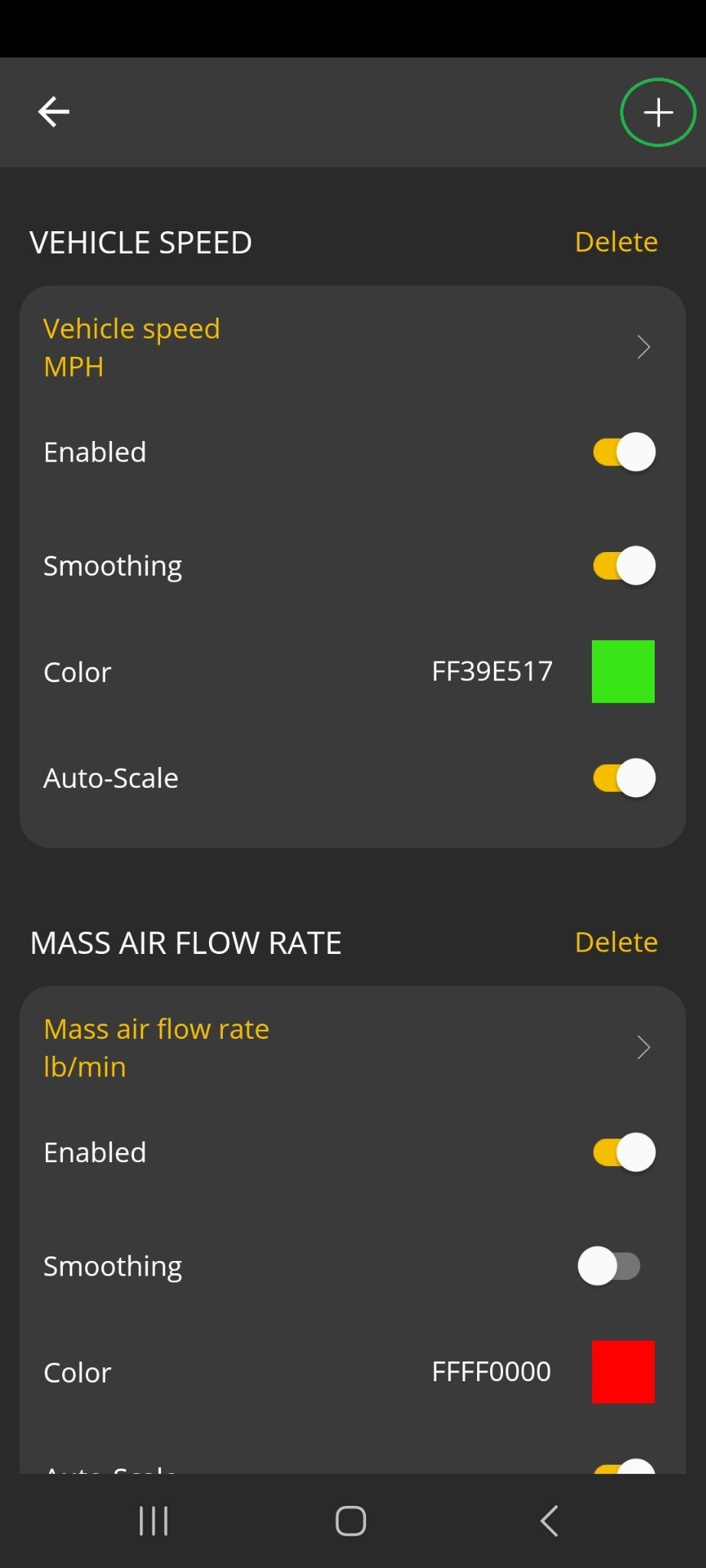 Android Logs screen showing how to add an item. The + button is highlighted in the upper right corner.