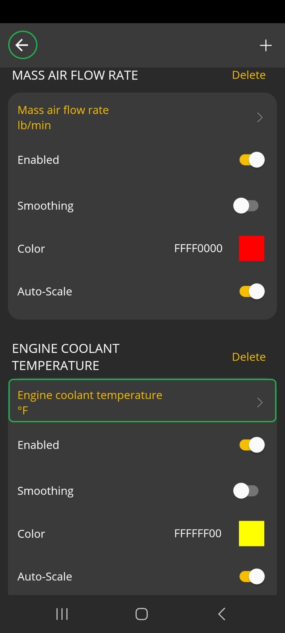 Android Logs screen showing how to add an item. The Engine coolant temperature item is highlighted. The back arrow in the upper left corner is also highlighted.