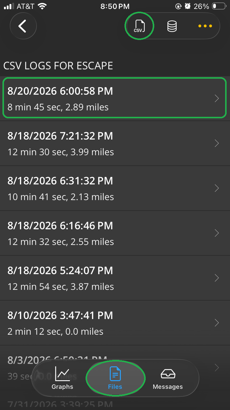 iOS Logs screen showing the Files tab and a list of CSV logs. The CSV indicator is highlighted. One of the trips is also highlighted.
