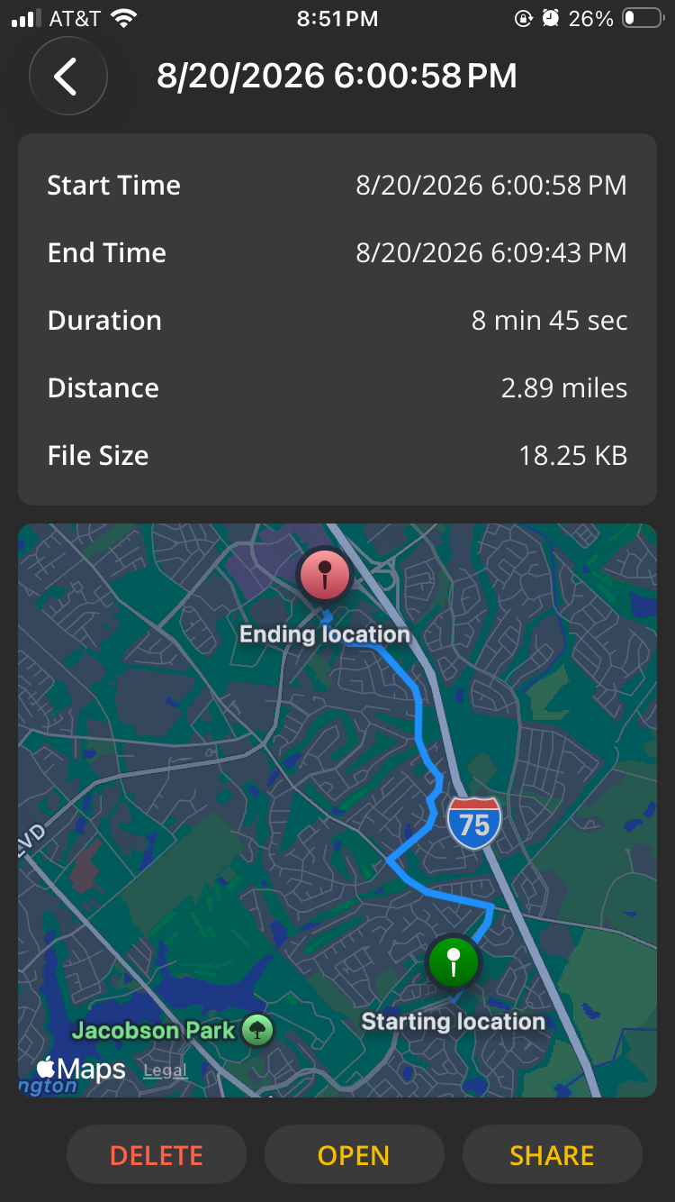 iOS file showing CSV file information about a particular trip.