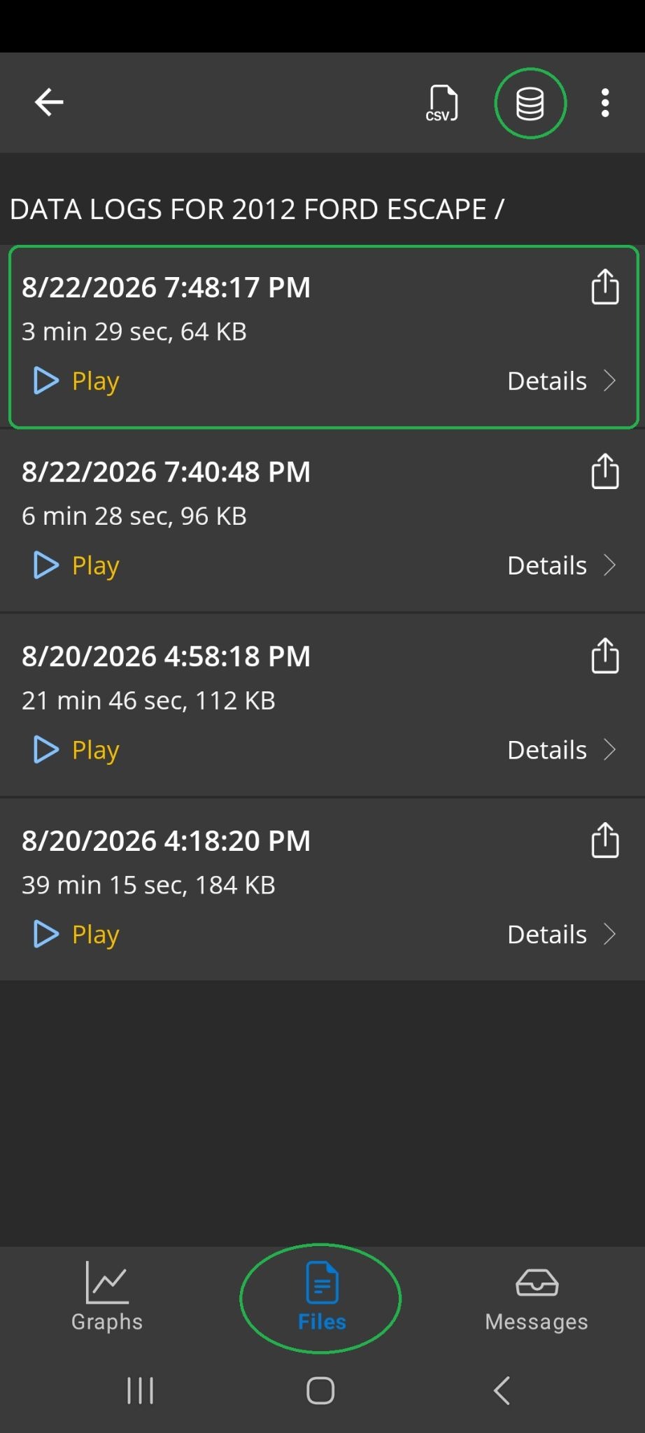 Android Logs screen showing the Files tab and a list of data logs. The Data Log indicator is highlighted. One of the trips is also highlighted.