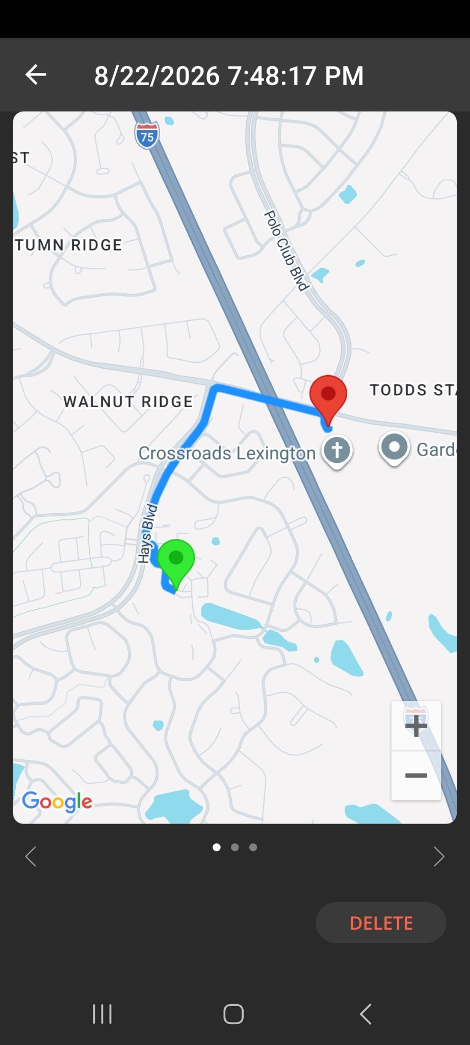 Android file showing data log information about a particular trip. The screen shows a map of the trip.