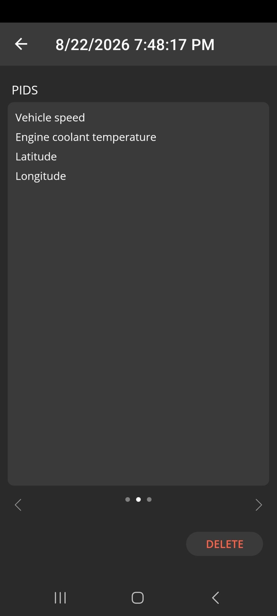 Android file showing data log information about a particular trip. The screen lists the PIDs that were logged during the trip.