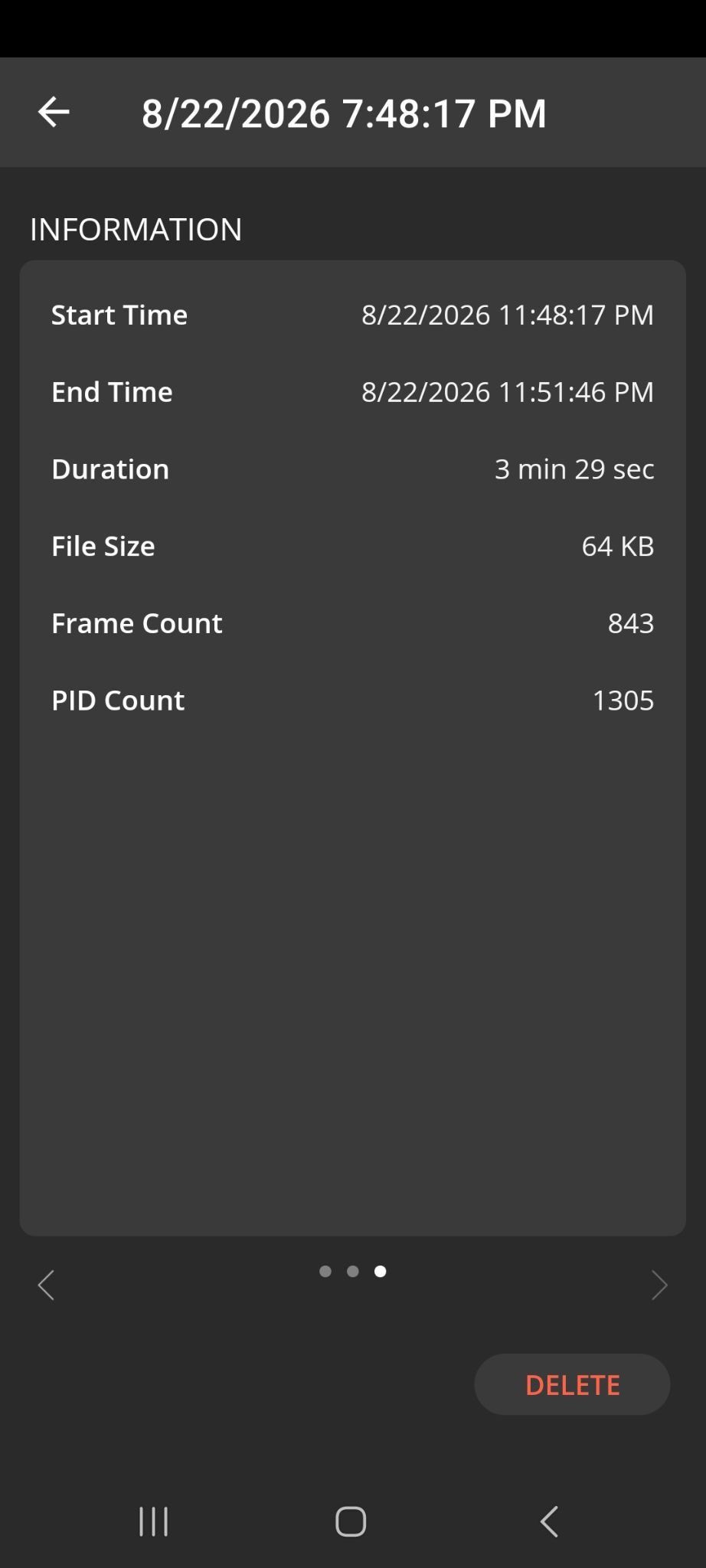 Android file showing data log information about a particular trip. The screen lists trip data, including start time, end time, duration, file size, frame count, and PID count.