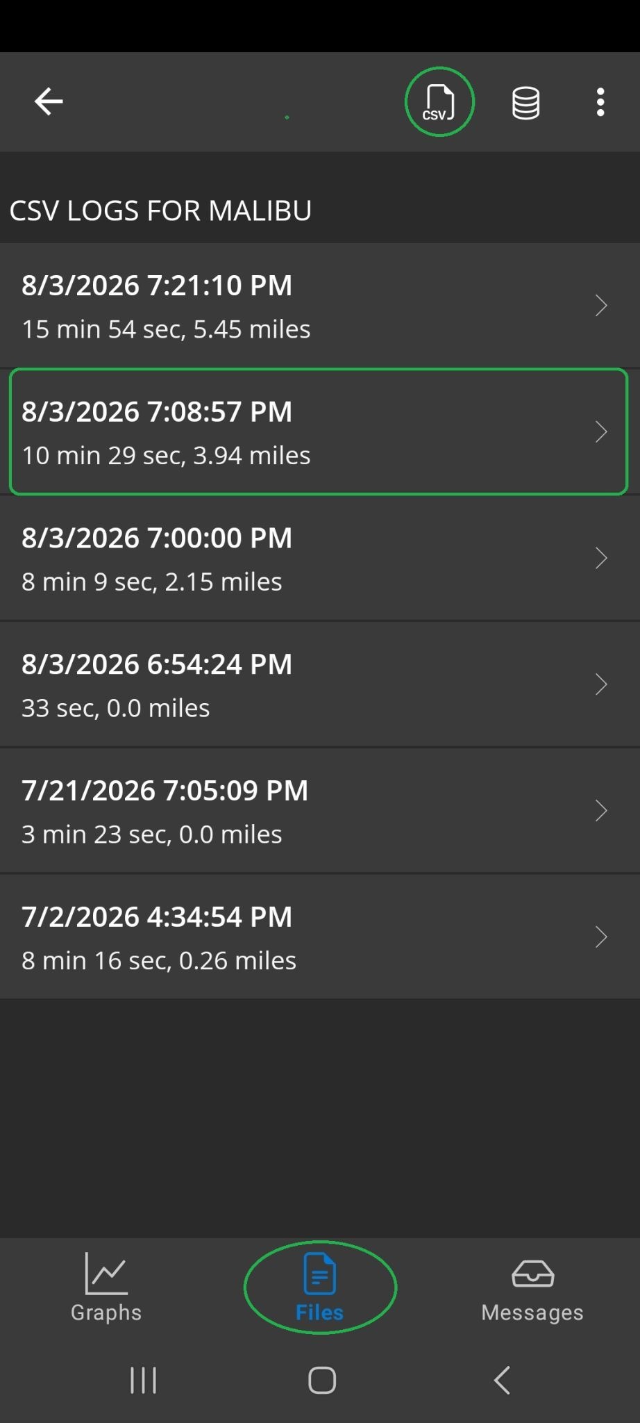 Android Logs screen showing the Files tab and a list of CSV logs. The CSV indicator is highlighted. One of the trips is also highlighted.