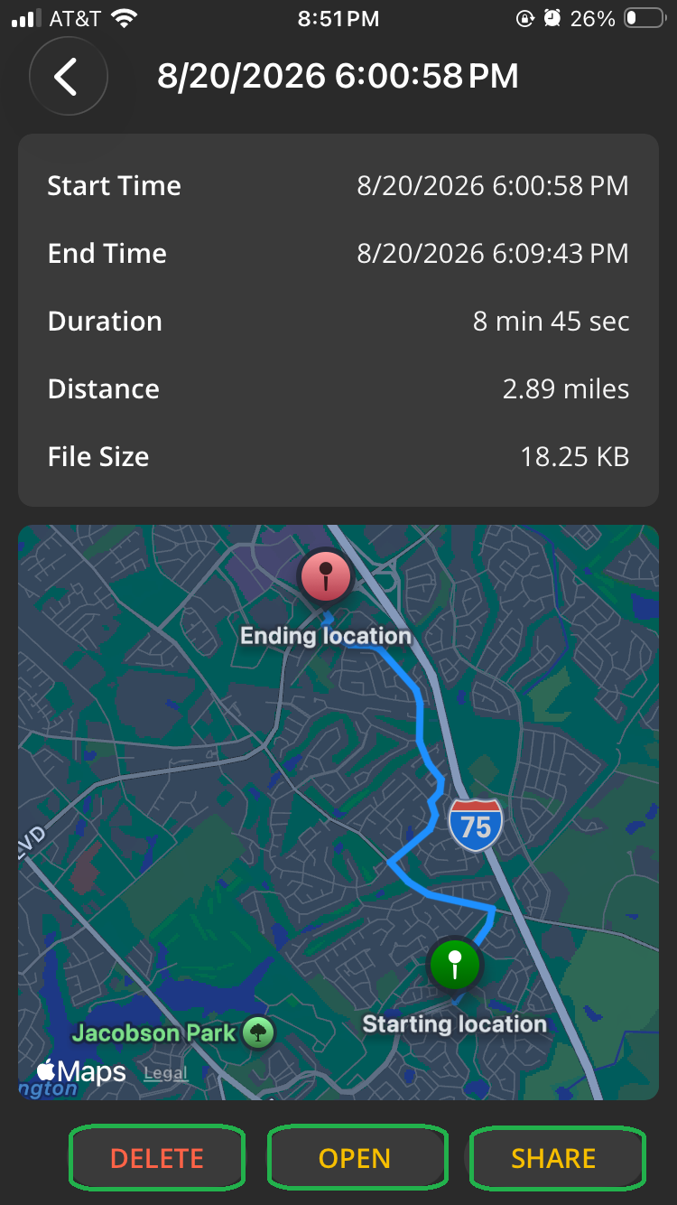 iOS file showing CSV file information about a particular trip. Three buttons marked Delete, Open, and Share are highlighted at the bottom of the screen.