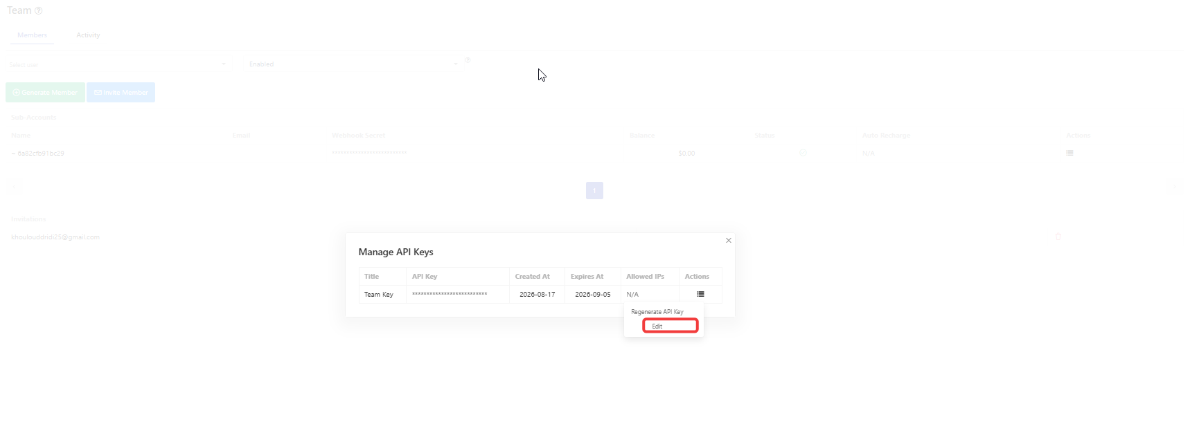 Manage API Keys window with Edit highlighted