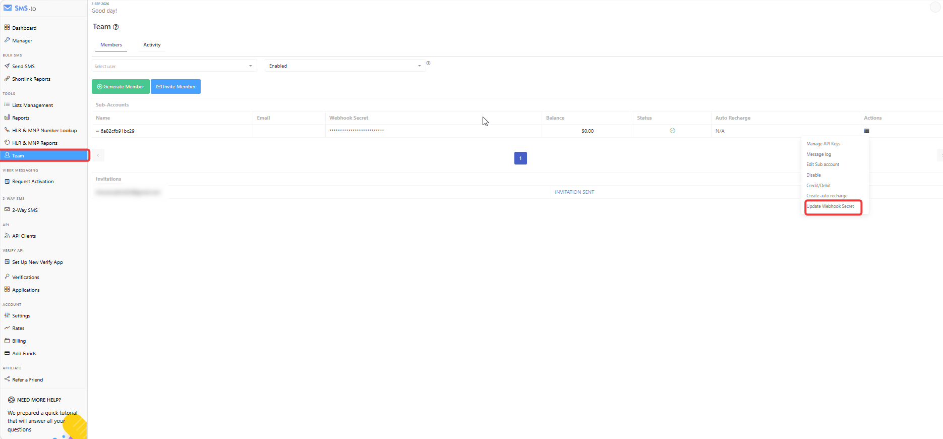 Team tab with the Action menu open and Update Webhook Secret highlighted