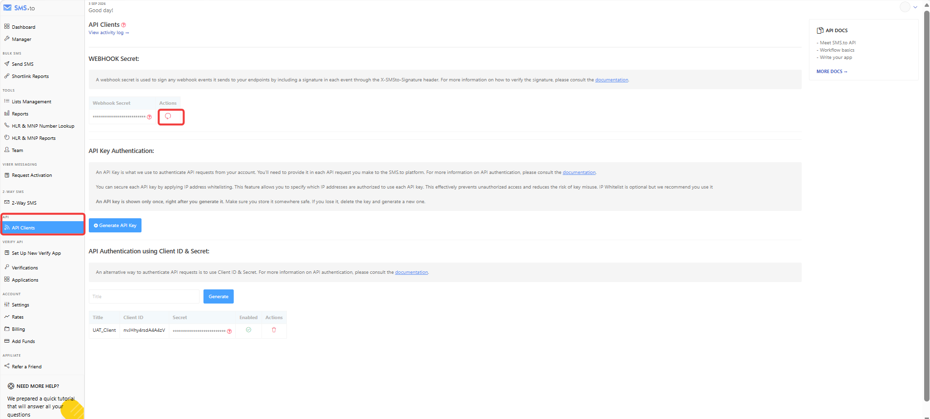 API Clients page with the Webhook Secret section and its Actions icon highlighted