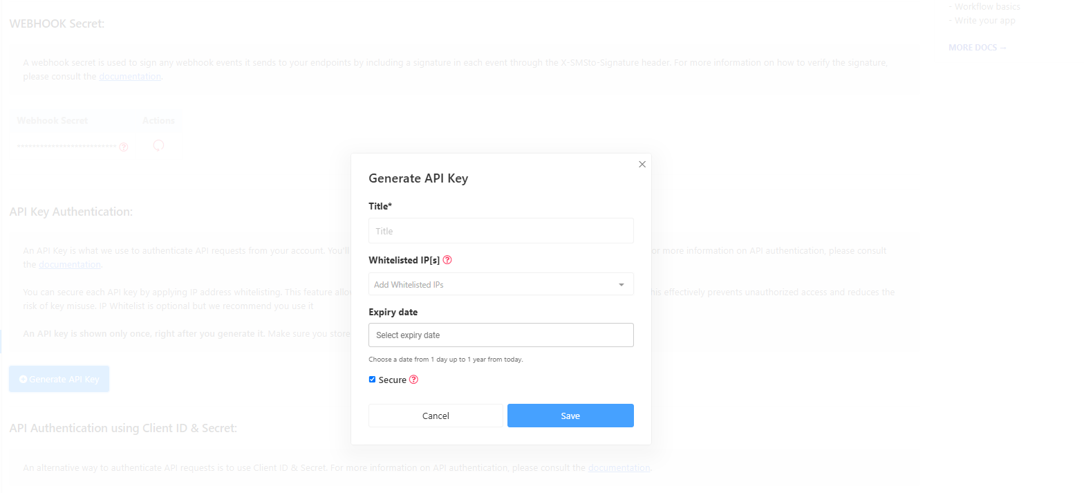 Generate API Key modal with the Secure checkbox